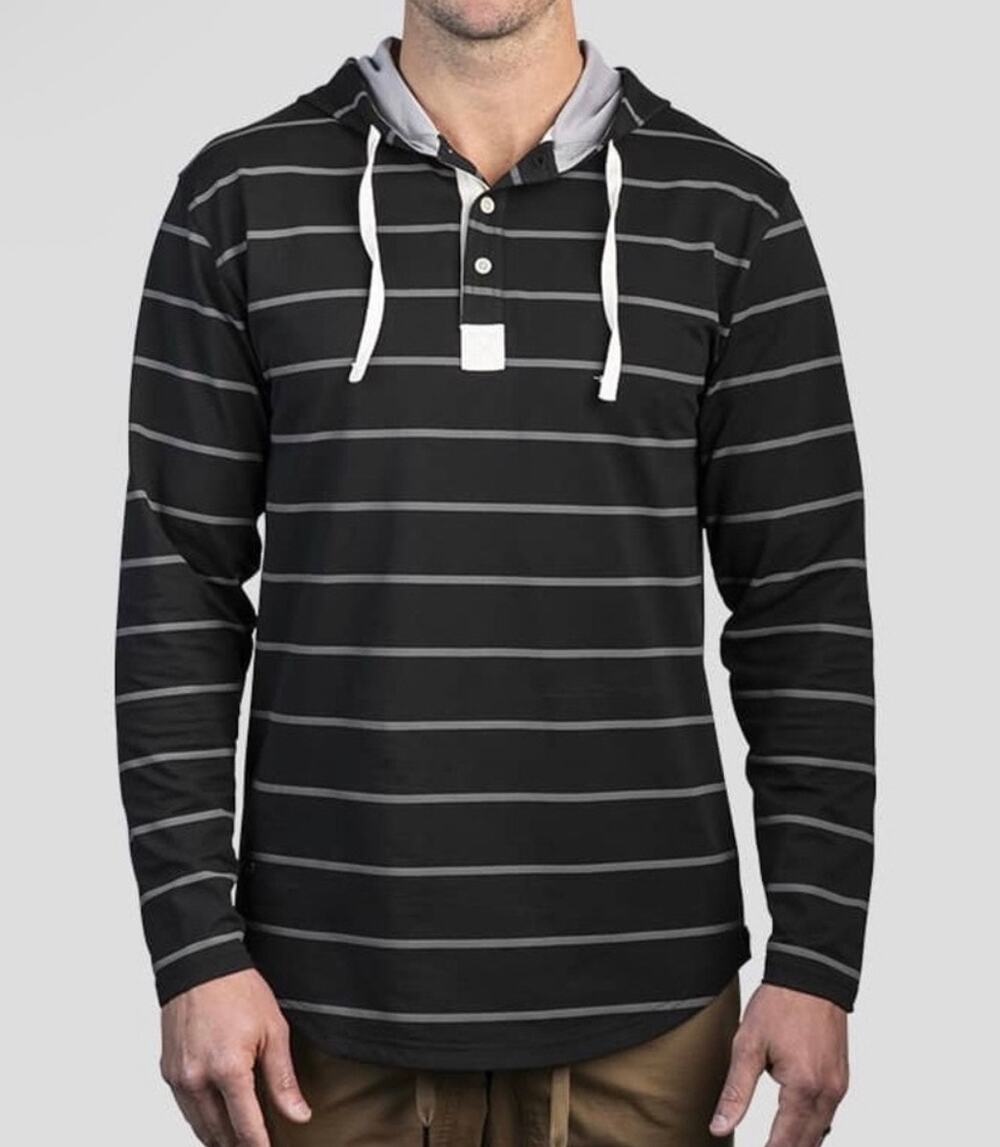 BYLT Lux Drop-Cut Hooded Henley Black Gray Stripe Athleisure Hoodie Shirt L